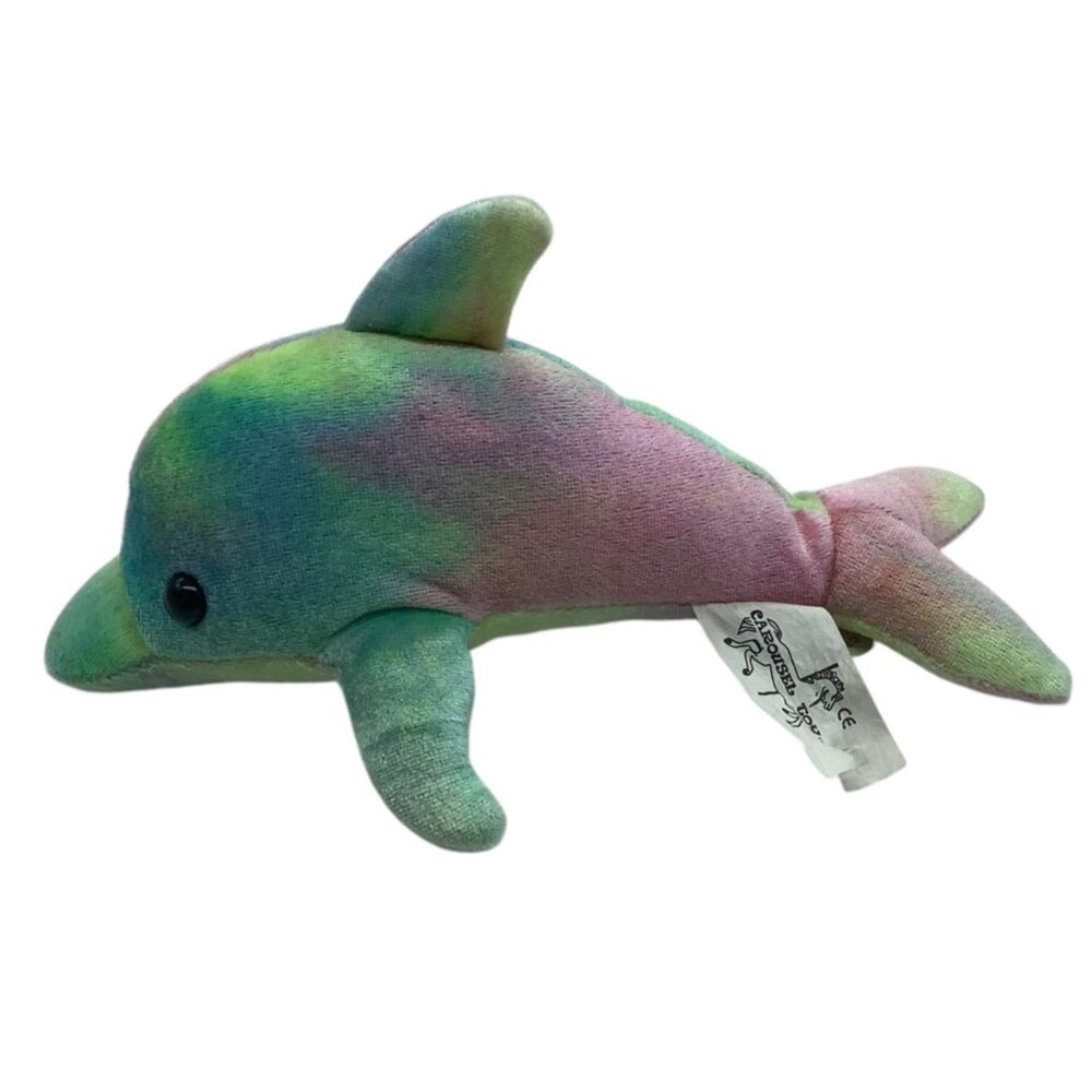 Vtg 90s Carousel Toy Dolphin Plush Stuffed Animal Pastel Tie Dye Multicolor 7.5"
